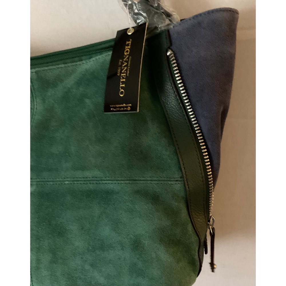 Tignanello Suede Colorblock Shopper Emerald Green Navy Side Zip  NEW - Picture 3 of 11